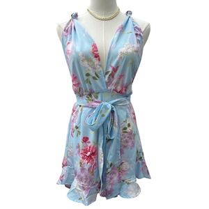Floral‎ Romper Blue Pink Sleeveless Wrap Mini Dress Summer Outfit